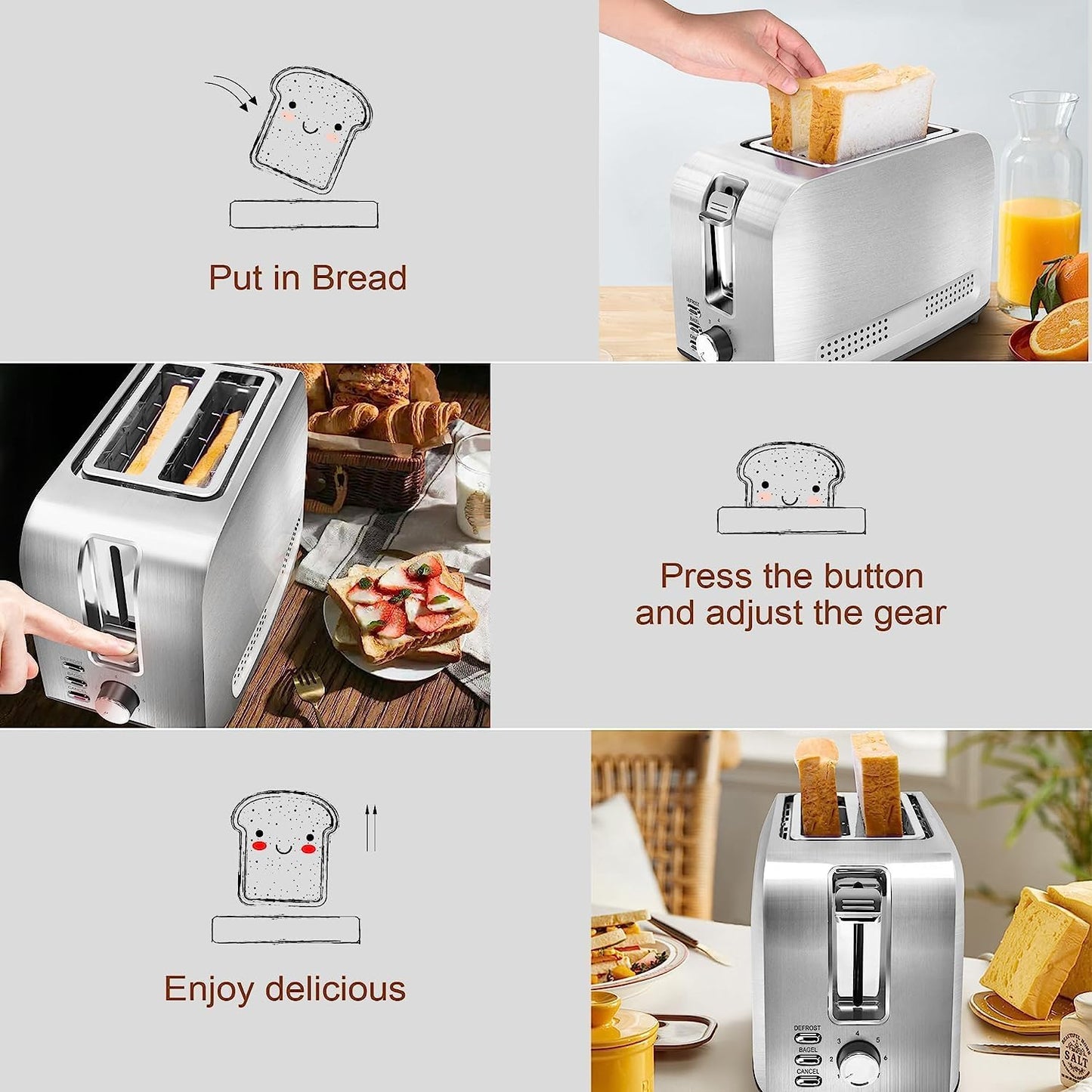 Toaster 2 Slice, Stainless Steel Bread Toasters, 7-Shade Settings, Reheat, Defrost, Cancel Function, with Removal Crumb Tray