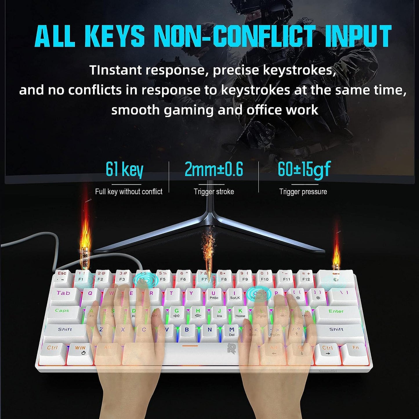 ROCK POW 60% Wired Gaming Keyboard, RGB Backlit Ultra-Compact Mini Keyboard, Waterproof Small Compact 61 Keys Keyboard for PC/Mac Gamer, Typist, Travel, Easy to Carry on Business Trip(Black-White)