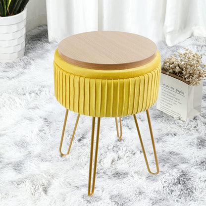 XTECH Stripe Velvet Vanity Chair Round Ottoman,Upholstered Vanity Makeup Footstool Side Table Dressing Chair with Golden Metal Legs (Green), DBXT7164-70