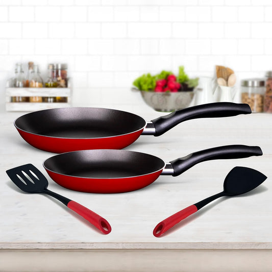 Rossetti Rosso 4 Piece Made in Italy Quality 24+28cm Non-Stick Frying Pan Set + 2 Nylon Turners Dishwasher Safe PFOA-free Metallic Red Cookware Set