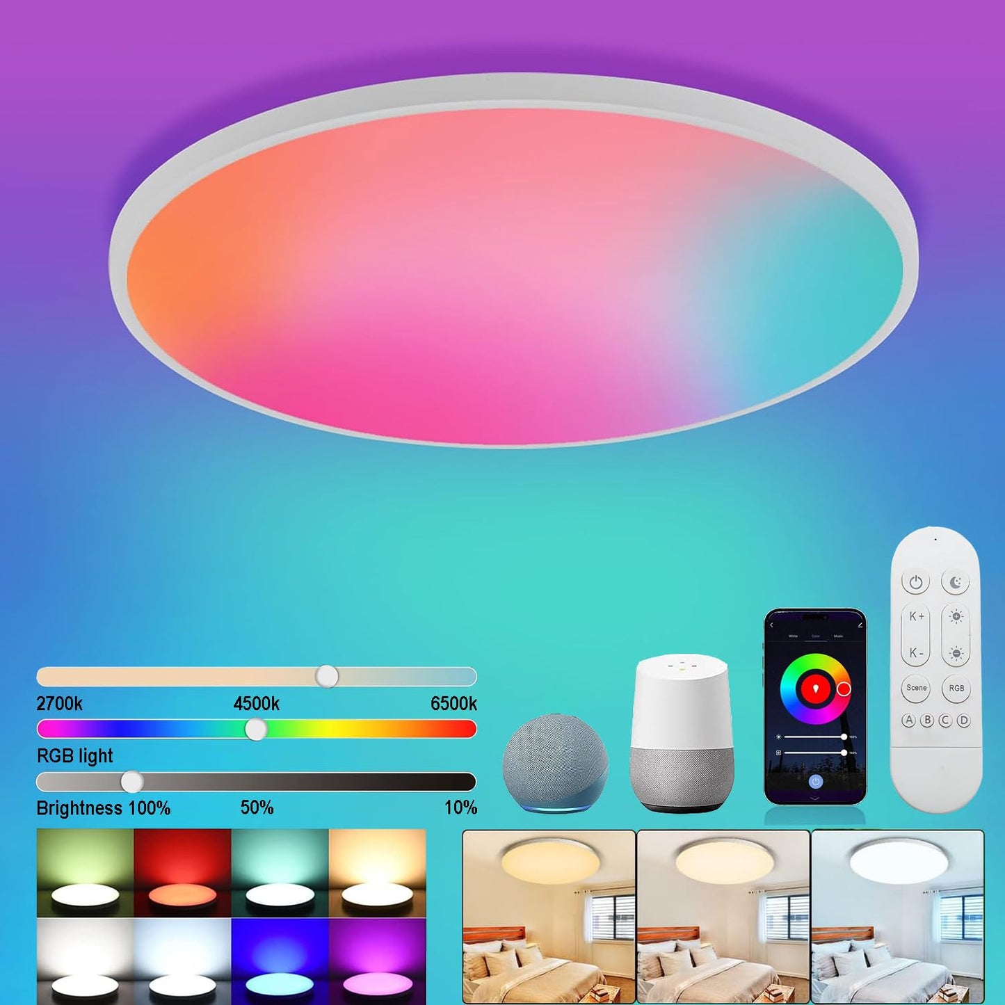 Redare Alexa Smart Ceiling Light,RGB Wifi Ceiling Light,30cm 24W Dimmable LED Flush Mount Ceiling Light Compatible with Alexa Google Home,Color Changing Ceiling Lamp for Bedroom,Kitchen (WiFi, White)