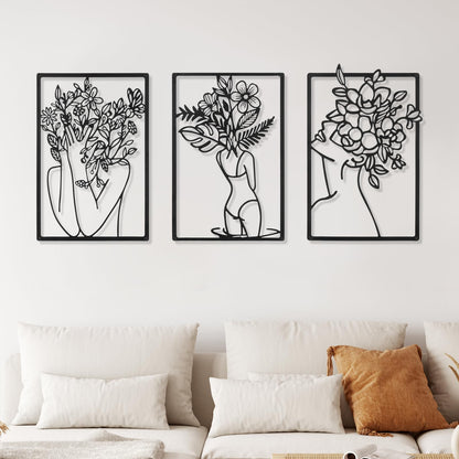 CHENGU 3 Pieces Metal Minimalist Abstract Woman Wall Art Line Drawing Wall Art Decor Single Line Female Home Hanging Wall Art Decor for Kitchen Bathroom Living Room (Black, Hand)