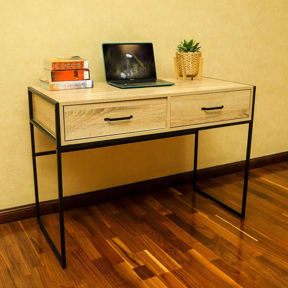 YATAI Computer Desk, Solid Wood Laptop Table with Metal Frame, Modern Dressing Table with 2 Drawers, Multipurpose Gaming Table and Study Table, Portable TV Stand for Home and Office Furniture