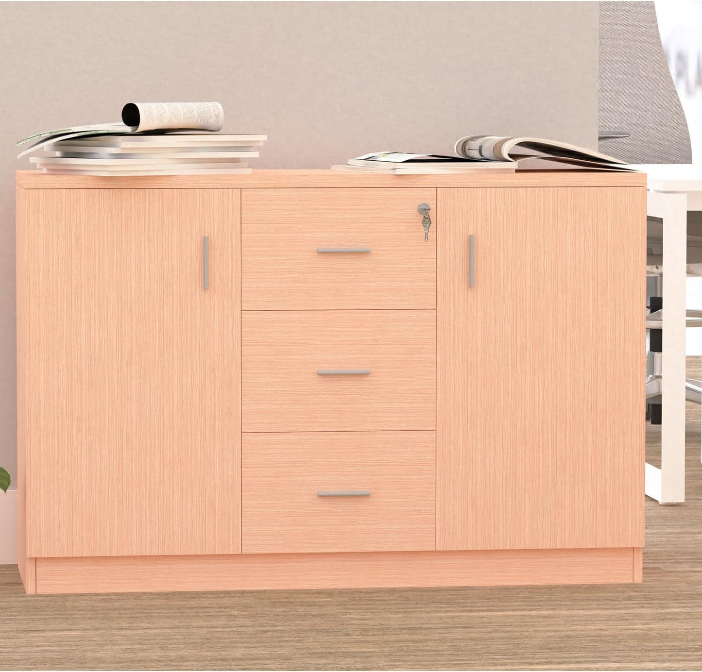 Mahmayi Melamine On MDF 1147 Apple Cherry 3 Drawer File Credenza Cabinet, Wood Organizer Storage Shelves with Lock and Keys, Home Office Furniture Files Cabinet with Shelves and Drawers