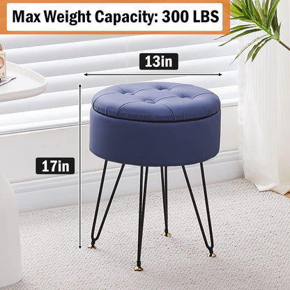 Cpintltr Faux Leather Storage Ottoman Round Footrest Stool Multifunctional Upholstered Ottoman with Metal Legs Modern Vanity Stools Tray Top Coffee Table Suitable for Living Room Bedroom Black