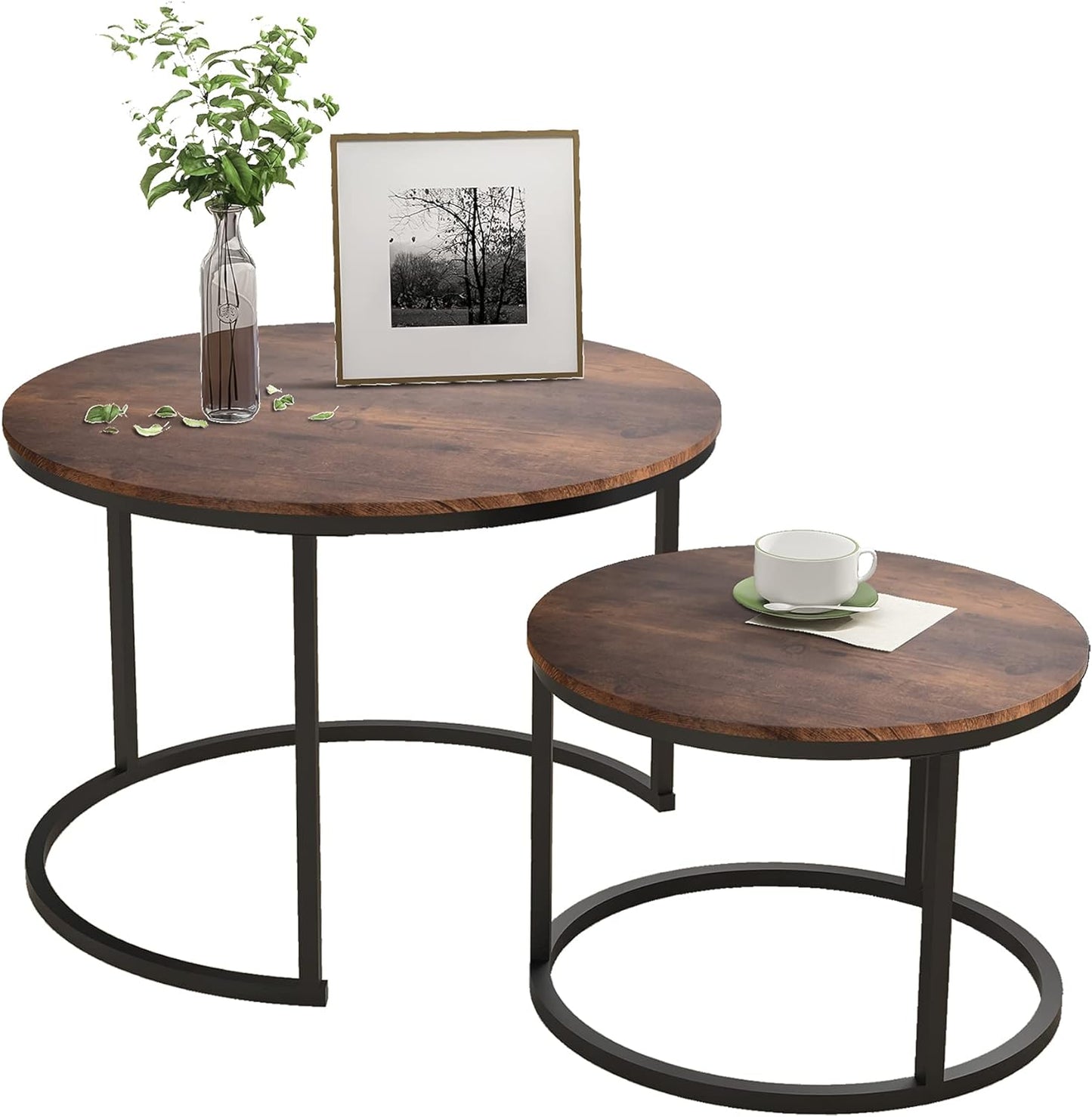 HOJINLINERO Nesting Round Coffee Table Set of 2 End Tables for Living Room,Grey Coffee Table Wooden Accent Furniture with Metal Frame,Stacking Side Tables,Black+Warm Grey