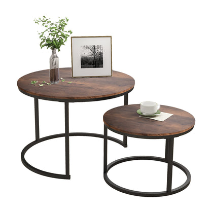 HOJINLINERO Nesting Coffee Table Round Set of 2 End Tables for Living Room,Industrial Stacking Side Tables,Wood Look Accent Furniture with Metal Frame End Table for Bedroom Decorations,Black+Brown