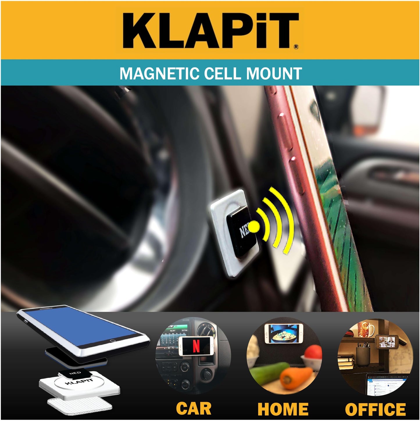 KLAPiT CELLMOUNT - Ultra-Compact Magnetic Mobile Phone Holder – The Versatile 1x1 Inch Solution for Cars, Desks, Beds, and More