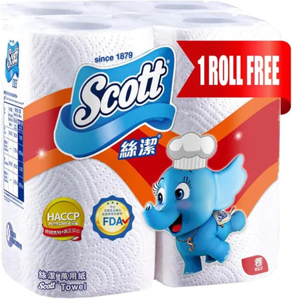 Scott Multi Purpose Kitchen Tissue Paper Towel, Value Pack, 2 PLY, 79 Sheets x3 Rolls +1 Roll Free