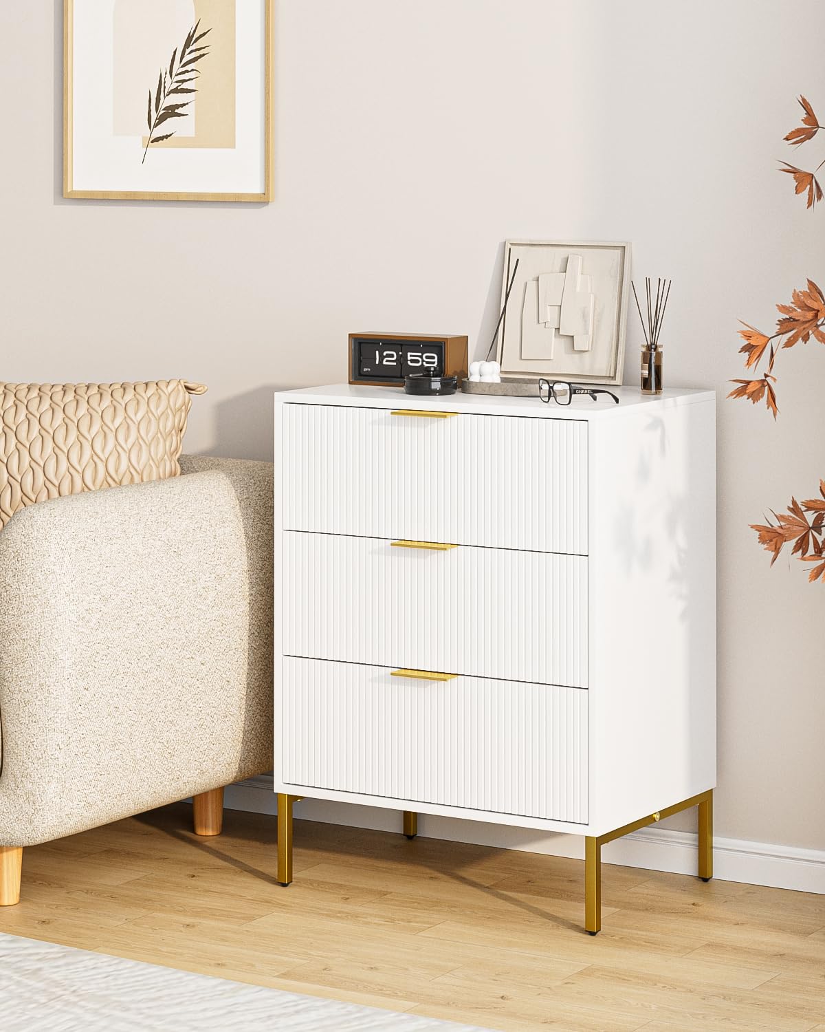 Aienvey Nightstand,Tall Bedside Table with Gold Frame,White Night Stand,Bedside Furniture,Side Table with Drawer and Shelf,Fluted Drawer Dresser for Bedroom,Living Roomfor Bedroom,Living Room