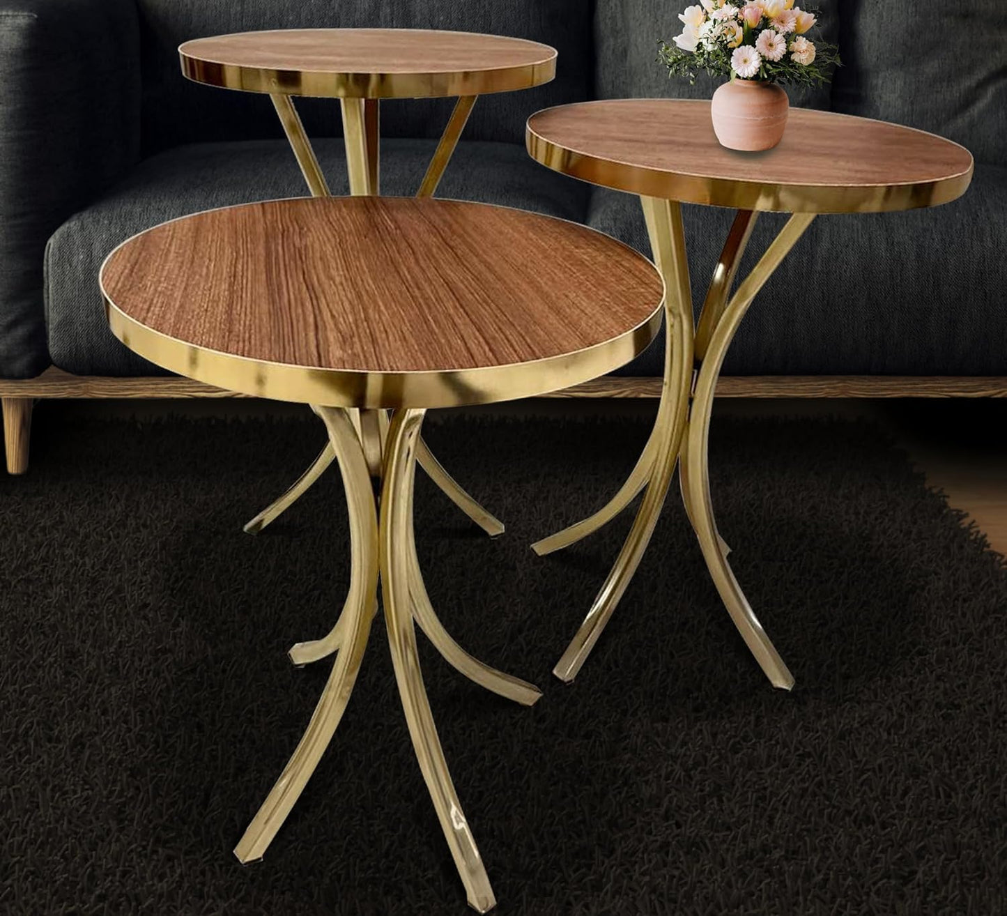 LHFHOMT- Round Coffee table set Nesting Coffee Table Set of 3 Pieces, Wooden Top, Gold Metal legs End Table Desk for Living Room, Balcony, Office, Sofa Side (White - Black Lines)