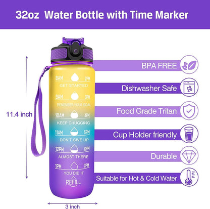 Illys Plastic Water Bottle, 1L / 32oz with Motivational Time Marker (Multi colour)