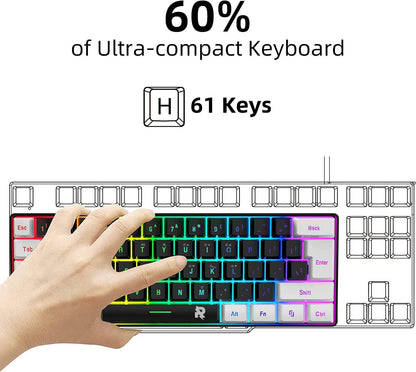 ROCK POW 60% Wired Gaming Keyboard, RGB Backlit Ultra-Compact Mini Keyboard, Waterproof Small Compact 61 Keys Keyboard for PC/Mac Gamer, Typist, Travel, Easy to Carry on Business Trip(Black-White)