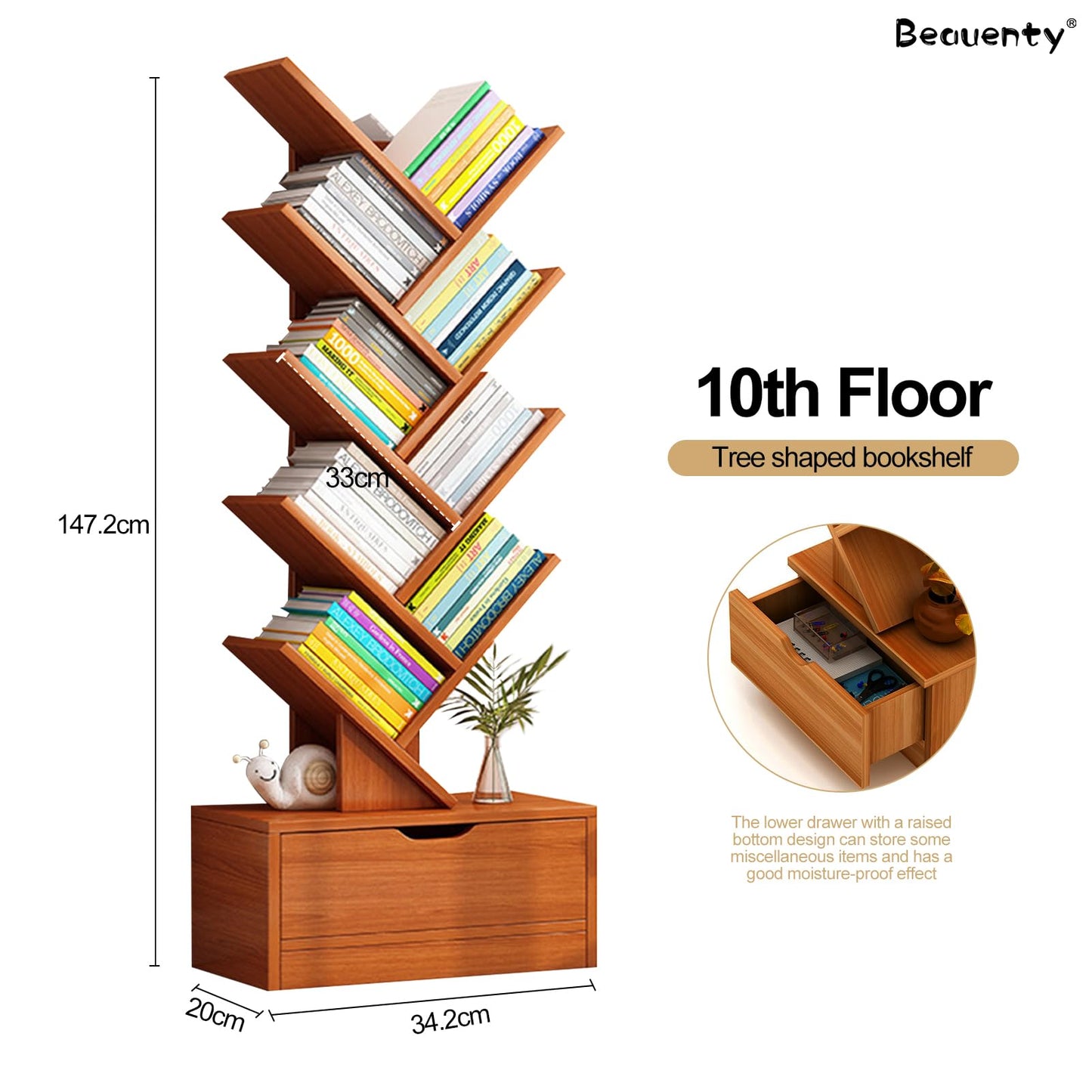 Beauenty Desktop Tree Bookshelf Display Storage Shelf 10 Tier, Wood Storage Rack Tree Bookcase With Drawer For Home School Book Magazine Office Study Table Bedroom (Style 2)