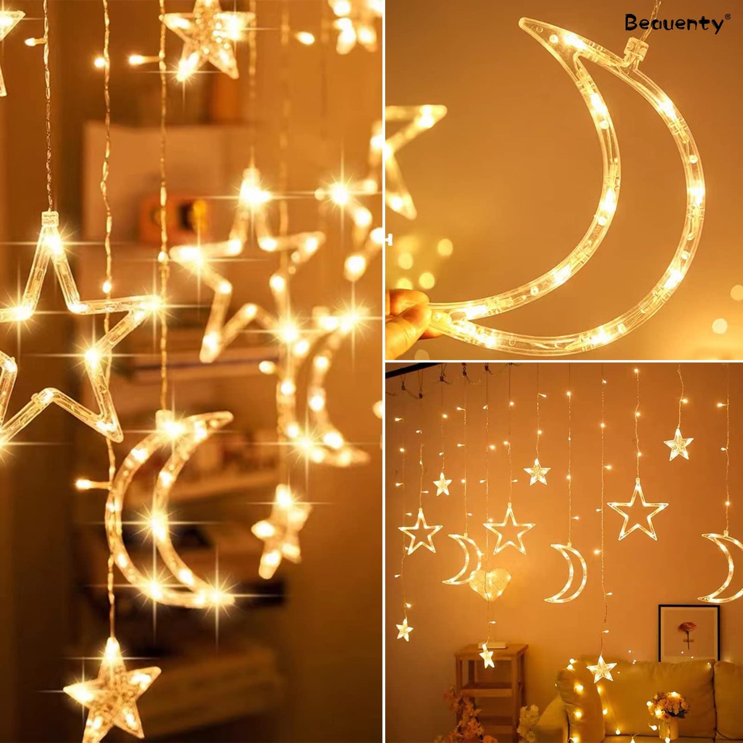 Beauenty Window Curtain String Light 300 LED 8 Modes USB Powered Waterproof Fairy String Lights Wedding Party Ramadan Home Garden Bedroom Outdoor Indoor Wall Christmas Decorations (Warm White)