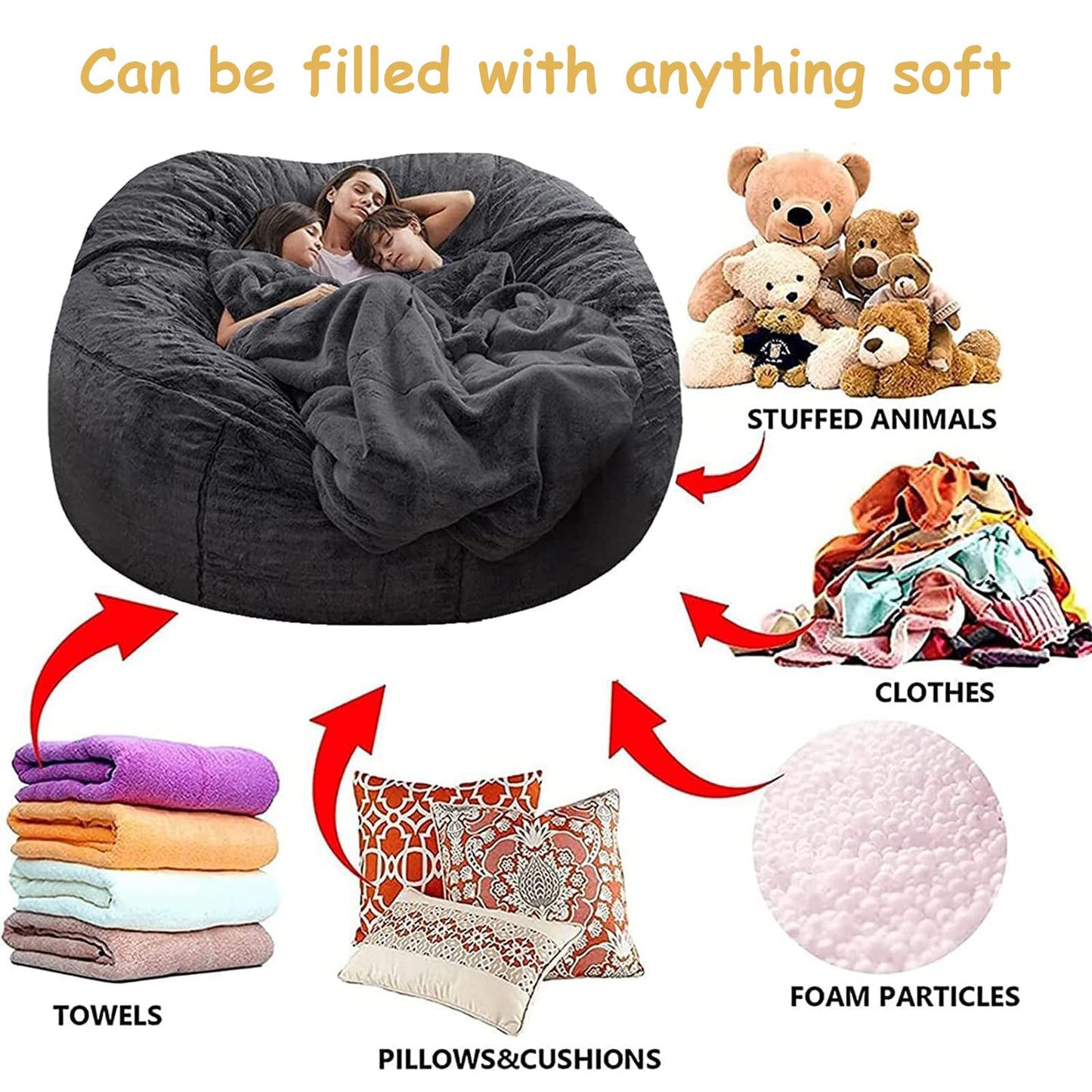 OACEVOZ Giant, Soft Fluffy Fur Bean Bag Chair Cover for Adults (Cover ONLY, NO Filler) 7ft Black Big Bean Bag Bed Oversized Lazy Bean Bag Couch