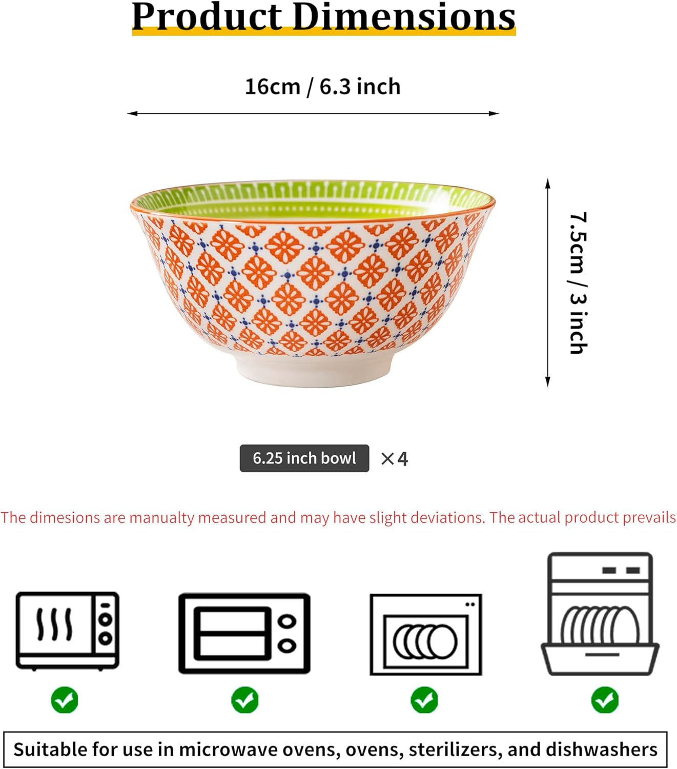 Techplus Set of 4 Orange and Green Ceramic Bowls – 6.25 Inch Floral Pattern – Microwave, Dishwasher, Oven Safe – Perfect for Salads, Pasta, Soup – Stylish Kitchen Gift