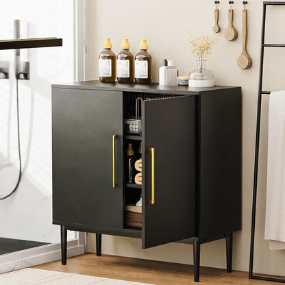 REHOOPEX Balck Storage Cabinet, Modern Buffet Cabinet with Two Adjustable Shelve, Free Standing Sideboard and Buffet Storage, Wood Cabinet for Living Room, Kitchen, Bedroom or Hallway (Two Shelves)