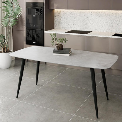 SKY-TOUCH Modern Rectangular Dining Table, 140x80cm, Rock Slab Tabletop with Black Iron Legs, Grey, Ideal for Kitchen, Dining Room, and Restaurant (Chairs Not Included)