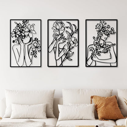 CHENGU 3 Pieces Metal Minimalist Abstract Woman Wall Art Line Drawing Wall Art Decor Single Line Female Home Hanging Wall Art Decor for Kitchen Bathroom Living Room (Black, Hand)