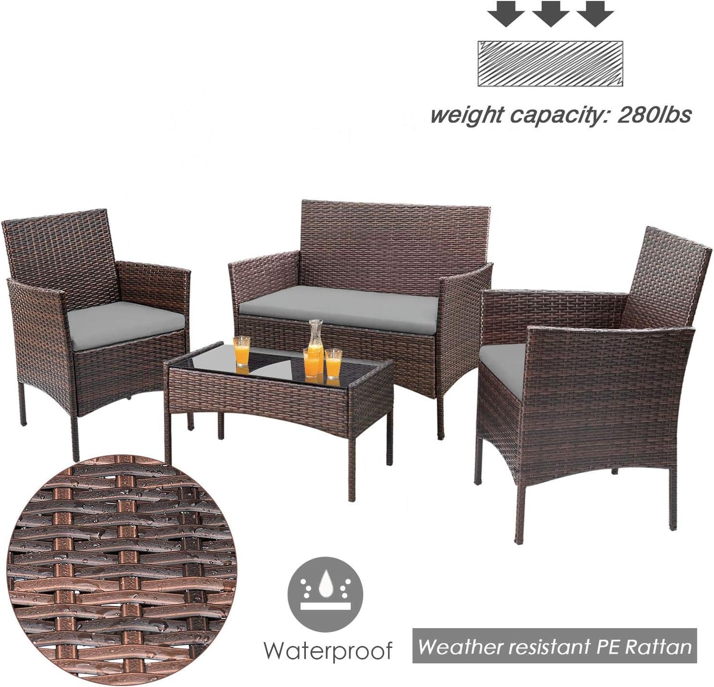 Homall Outdoor Indoor Use Backyard Porch Garden Poolside Balcony Sets Clearance Brown and Beige 4 Pieces Furniture