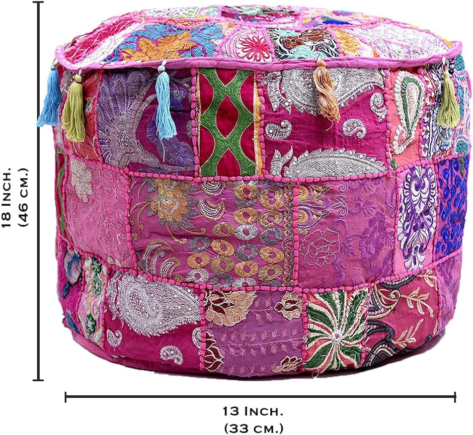 Aakriti Gallery Indian Pouf Footstool Ethnic Embroidered Pouf Cover, Indian Cotton Round Pouffe Ottoman Pouf Cover Pillow Ethnic Decor Art - Cover Only (Yellow, 18x13)