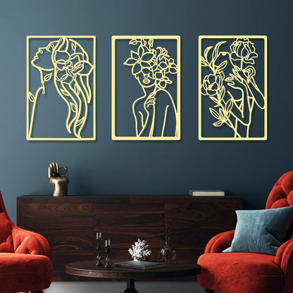 CHENGU 3 Pieces Metal Minimalist Abstract Woman Wall Art Line Drawing Wall Art Decor Single Line Female Home Hanging Wall Art Decor for Kitchen Bathroom Living Room (Black, Hand)