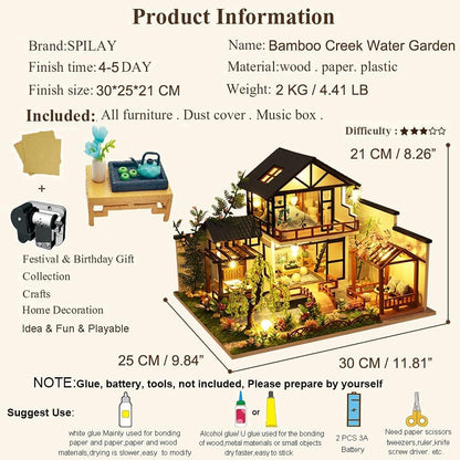 ELECDON DIY Dollhouse Miniature with Wooden Furniture Kit,Handmade Mini Home Craft with Dust Cover & Music Box,1:24 Toys for Teens Adult Gift (Bamboo Creek Water Garden with dust Cover Music Box)