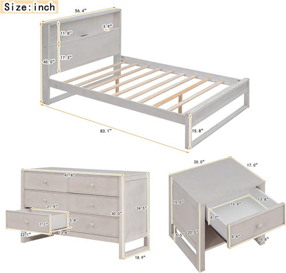 Merax 3 Pieces Bedroom Furniture Set Full Size Bedroom Set -Platform Bed Frame with Storge Headboard, Dresser, Night Stand, Easy Assemble, Antique White