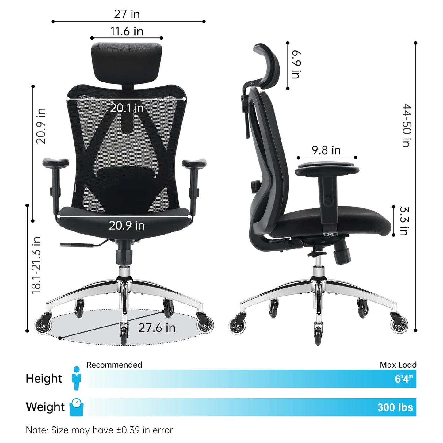 SIHOO M18 Office Chair Ergonomic Office Chair, Breathable Mesh Design High Back Desk Chair with Adjustable Headrest and Lumbar Support (Black）