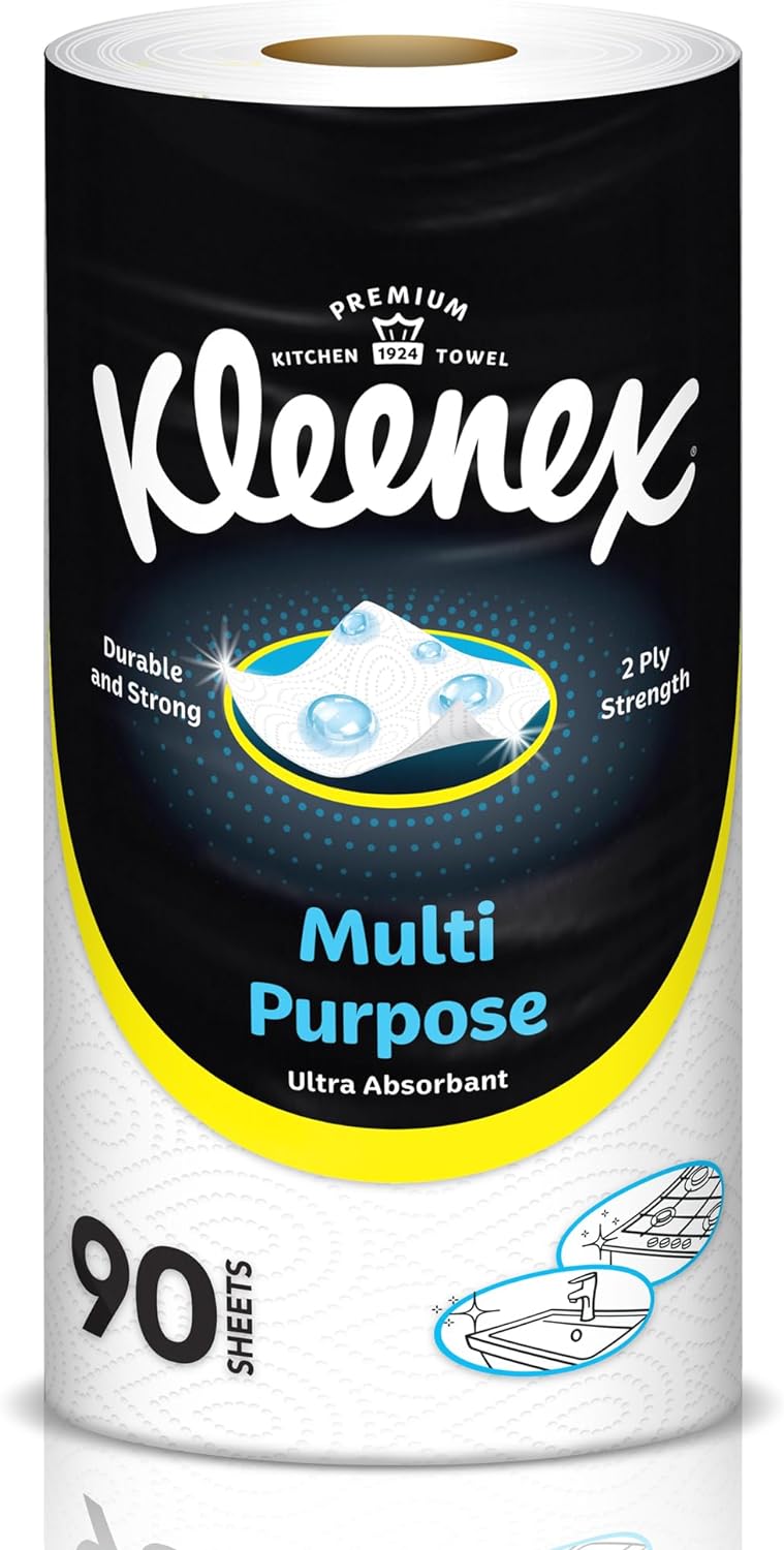 Kleenex Multi Purpose Kitchen Tissue Paper Towel, 2 PLY, 1 Roll x 90 Sheets, Absorbent Towels for all Surfaces