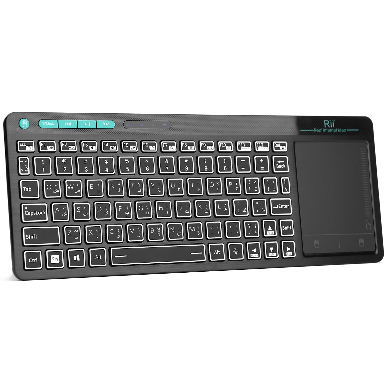 [Arabic layout]Rii RT518S Wireless and Bluetooth 2-LED Color Backlit Multimedia Keyboard with Multi-Touch Big Size Trackpad,Rechargable Keyboard - CaveHubs