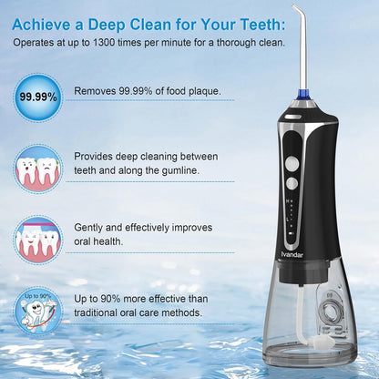 Dental Flosser, Oral Irrigator for Teeth with 5 Pressure Level, 6 Replaceable Jet Tips,IPX7 Waterproof, Portable,and Rechargeable Teeth Cleaner for Home&Travel -330ml Detachable Reservoir-White