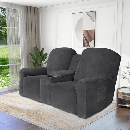 Easy-Going Velvet Reclining Loveseat with Middle Console Slipcover, Stretch 8-Piece Loveseat Reclining Sofa Covers, 2 Seat Loveseat Recliner Slipcover, Thick, Soft, Washable, Gray