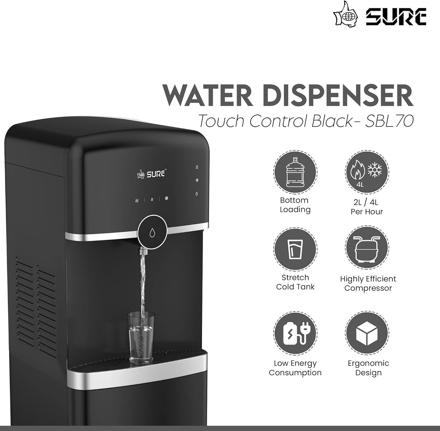 Sure Water Dispenser Bottom Loading,Hot Cold&Normal Temperature,Floor Standing,Best For Home Kitchen&Office,Touch Control/Automatic,Single Tap/Faucet,Black Colour,Sbl70 Min 1year manufacturer warranty