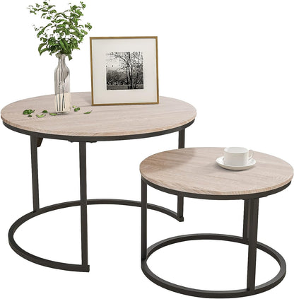 HOJINLINERO Nesting Round Coffee Table Set of 2 End Tables for Living Room,Grey Coffee Table Wooden Accent Furniture with Metal Frame,Stacking Side Tables,Black+Warm Grey