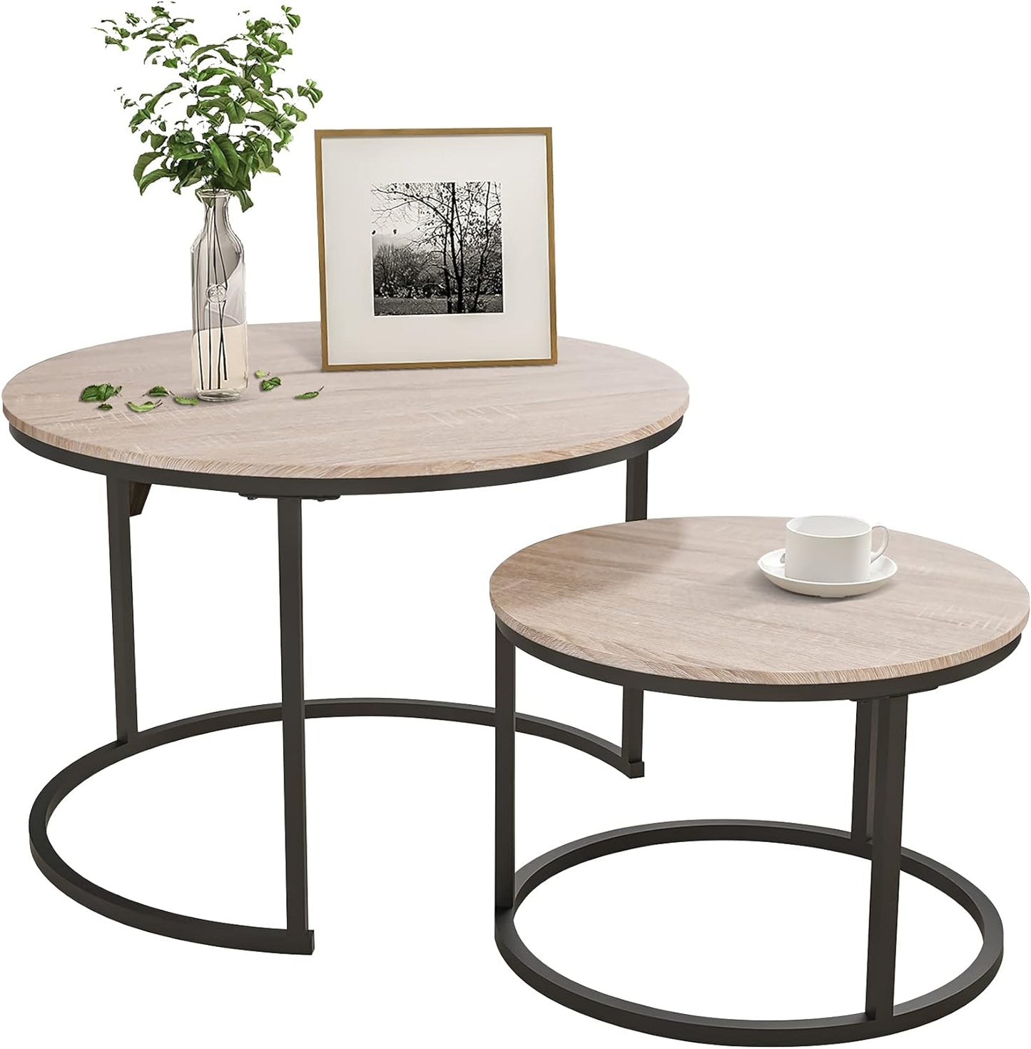 HOJINLINERO Nesting Coffee Table Round Set of 2 End Tables for Living Room,Industrial Stacking Side Tables,Wood Look Accent Furniture with Metal Frame End Table for Bedroom Decorations,Black+Brown