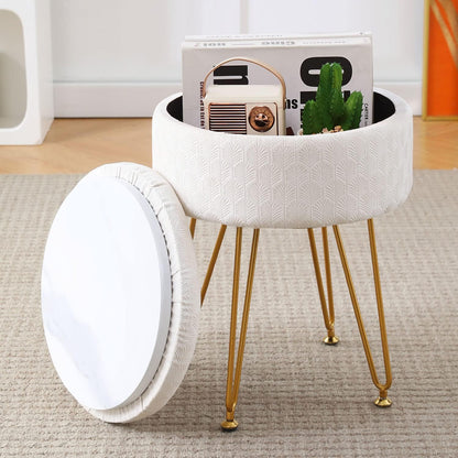 Cpintltr Footrest Footstools Round Velvet Ottoman with Storage Space Soft Vanity Chair with Memory Foam Seat Small Side Table Hallway Step Stool 4 Gold Metal Legs with Adjustable Footings Champagne