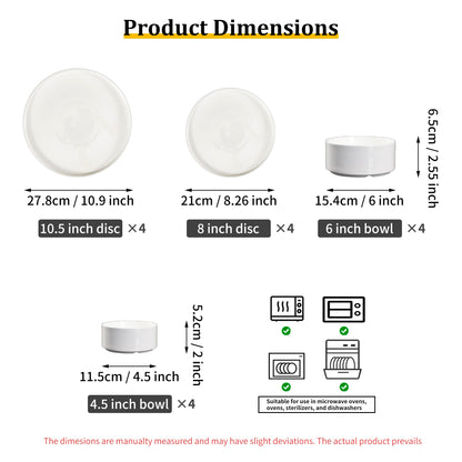 Techplus 16-Piece White Ceramic Dinnerware Set – 10.5-Inch & 8-Inch Plates, 6-Inch & 4.5-Inch Bowls – Microwave, Dishwasher, Oven Safe – Modern Minimalist Design for Dining, Serving, and Entertaining