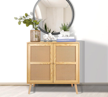 Sideboard Buffet Cabinet with Rattan Door, Accent Storage Cabinet Natural Rattan Mid Century Modern Dresser Cupboard Console Table Wood Bar Cabinet for Living Room Kitchen Pantry Dining Room Entryway