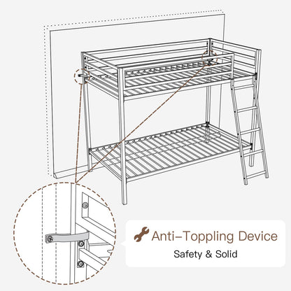 ikalido Metal Bunk Bed Twin Over Twin Size, Heavy Duty Twin Bunk Beds with Safety 14" Guard Rail & Sturdy Inclined Ladder, Space-Saving/No Box Spring Needed/Matte Black