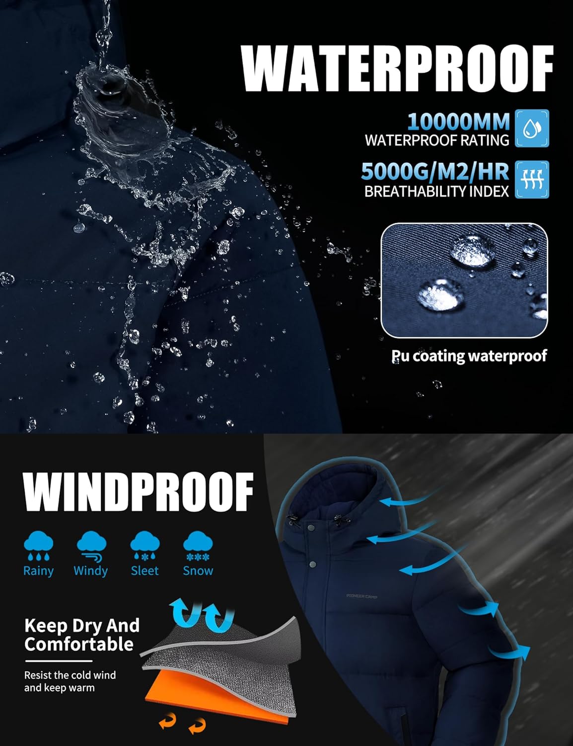 Pioneer Camp Men'S Winter Coats Warm Thicken Jacket Hooded Insulated Puffer Jackets Cotton Water Resistant Coat