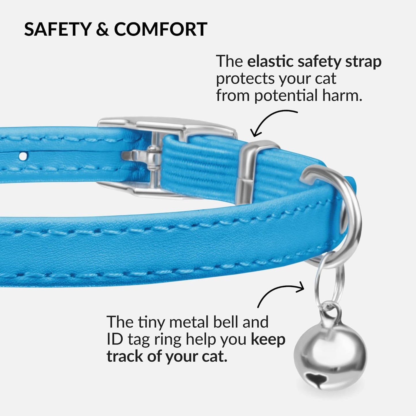 CollarDirect Leather Cat Collar with Elastic Safety Strap and Bell for Boy, Girl, Kitten (Neck Fit 9"-11", White)