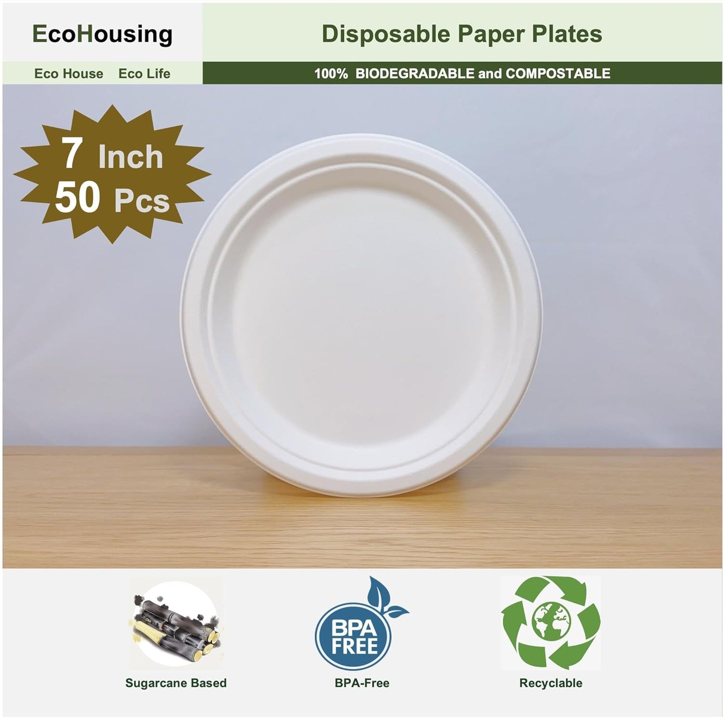 EcoHousing [10 Inch, 50 Pieces] 3-Compartment Disposable Plates, Nature Compostable Dinner Plates, Hot or Cold Use, Strong and Large, Microwavable, Eco-Friendly