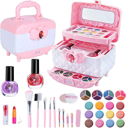 AMERTEER Makeup Toys For Little Girls | Children's Makeup Set | Washable Makeup Kit For Girls 4-6 | Kids Non Toxic Makeup Kit For Girl with Ruby Bow Cosmetic Box Birthday Gift Pretend Play Makeup Toys