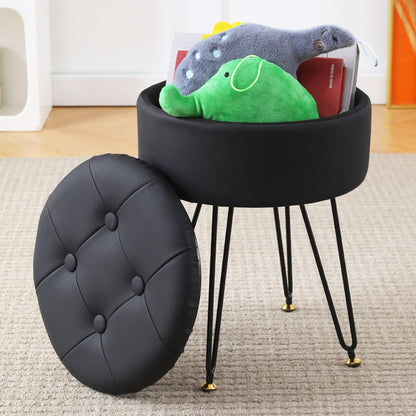 Cpintltr Faux Leather Storage Ottoman Round Footrest Stool Multifunctional Upholstered Ottoman with Metal Legs Modern Vanity Stools Tray Top Coffee Table Suitable for Living Room Bedroom Black