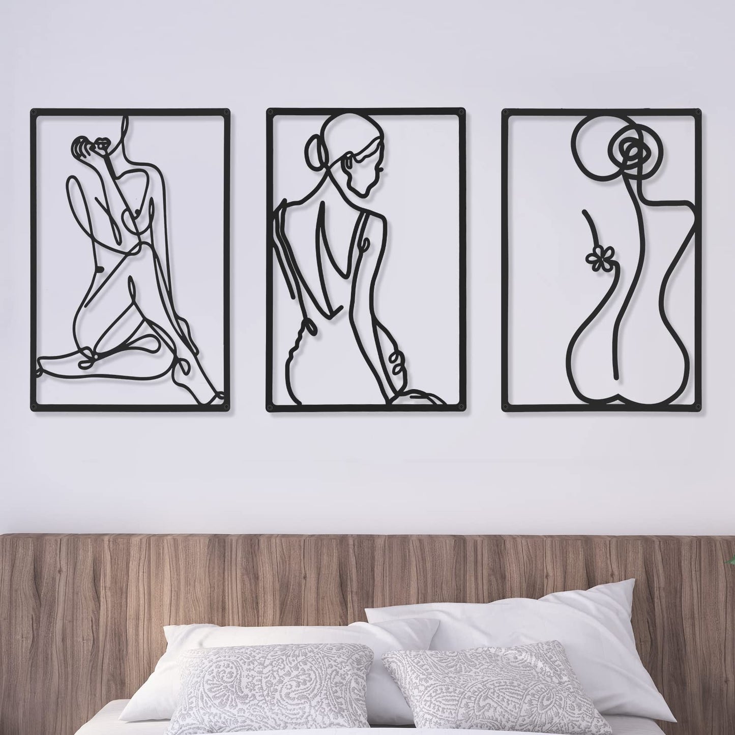 CHENGU 3 Pieces Metal Minimalist Abstract Woman Wall Art Line Drawing Wall Art Decor Single Line Female Home Hanging Wall Art Decor for Kitchen Bathroom Living Room (Black, Hand)