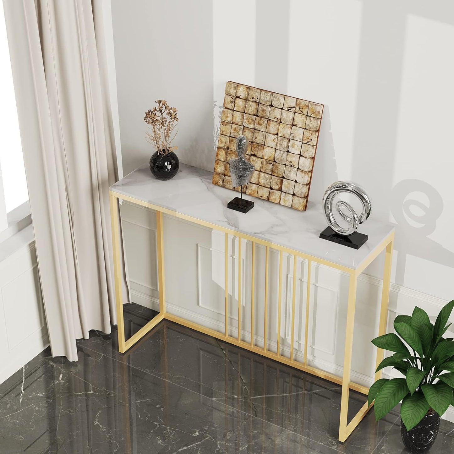 Wisfor Console Table for Entryway: Genuine Sintered Stone Table Marble Table Top Metal Golden Frame Modern Table Sturdy Sofa Side Table Console Hallway Foyer Table, White 100x30x78.5cm