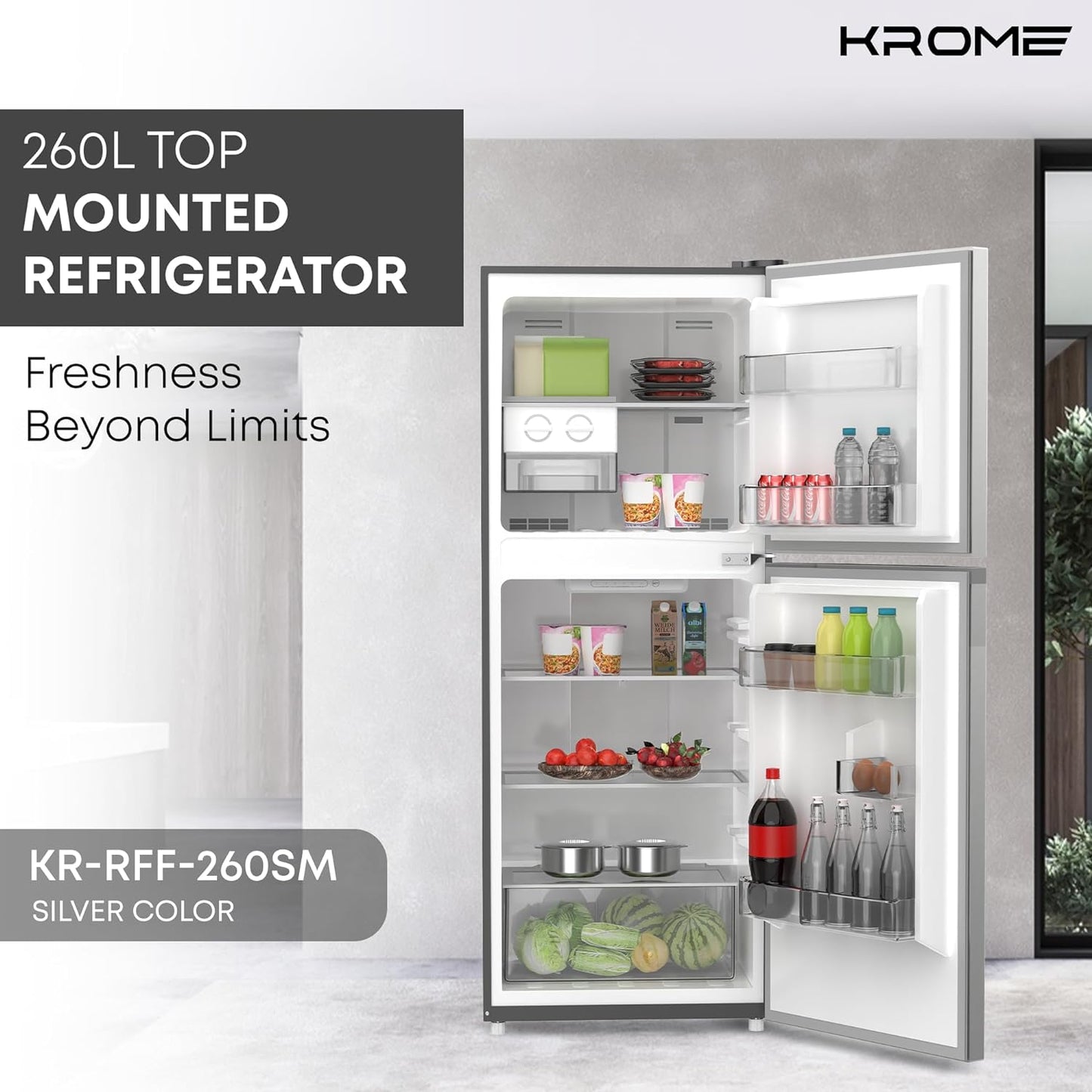 KROME 260L Gross,Double Door Top Mounted Refrigerator with Multi Air Flow System,No-Frost Cooling with Electronic Touch Temperature Control,Door Alarm, Silver, 10 Year Compressor Warranty-KR RFF 260SM