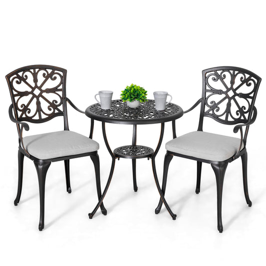 NUU GARDEN Bistro Set 3 Piece Outdoor All Weather Cast Aluminum Patio Bistro Set Patio Table and Chairs Set of 2 with Umbrella Hole and Grey Cushions for Backyard, Balcony, Lawn, Black